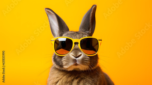 Rabbit wearing sunglasses isolated on yellow background