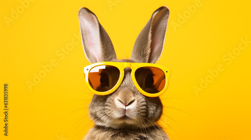 Rabbit wearing sunglasses isolated on yellow background © Oksana