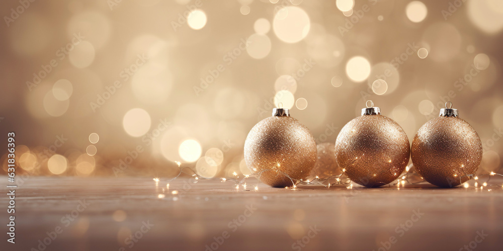 A vibrant close-up of a shiny gold Christmas ornament, defocused lights, and glittery decorations, adding a festive glow to the background A vibrant close-up of a shiny gold Christmas ornament, defocused lights, and glittery decorations, adding a festive glow to the background