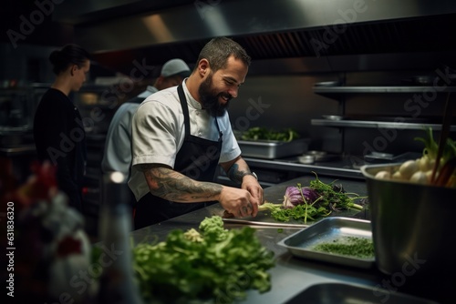 chef in a restaurant kitchen, Kitchen candidness, food waste awareness, chef's impact.