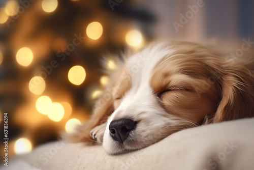 A cute Beagle puppy, eyes closed, lying comfortably among Christmas lights, creating a festive home interior decoration