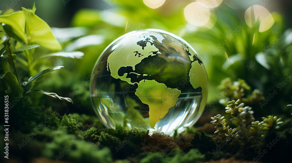 Earth globe in nature, wild life, ecology, tiny planet, forest, moss, earth ball on the ground, dirt, protecting the earth, plant a tree, back to nature, CSR, human impact on nature - obrazy, fototapety, plakaty 