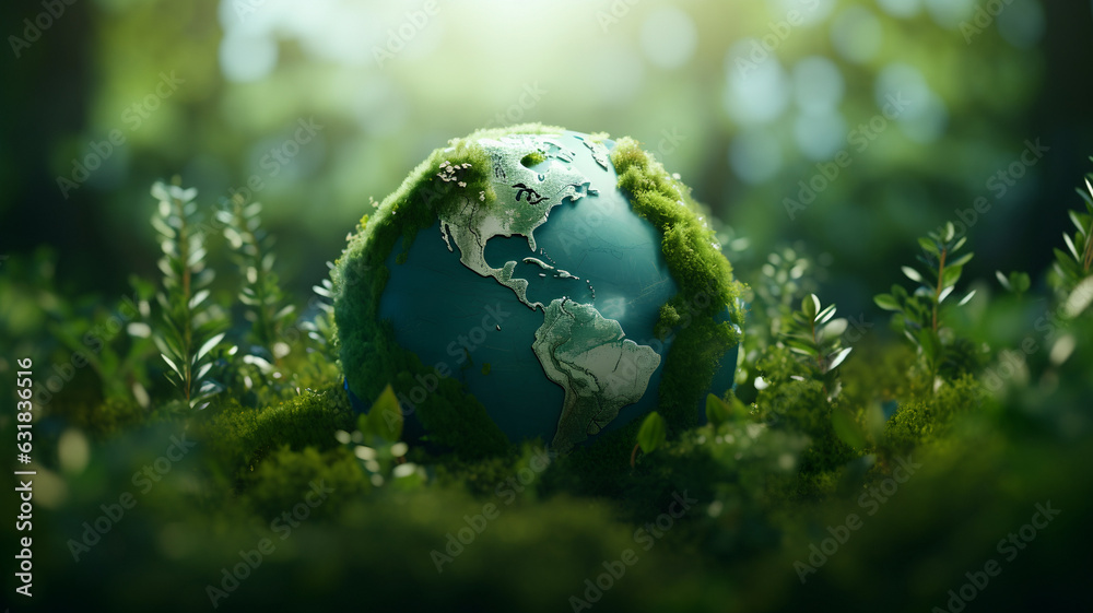 Earth globe in nature, wild life, ecology, tiny planet, forest, moss, earth ball on the ground, dirt, protecting the earth, plant a tree, back to nature, CSR, human impact on nature - obrazy, fototapety, plakaty 