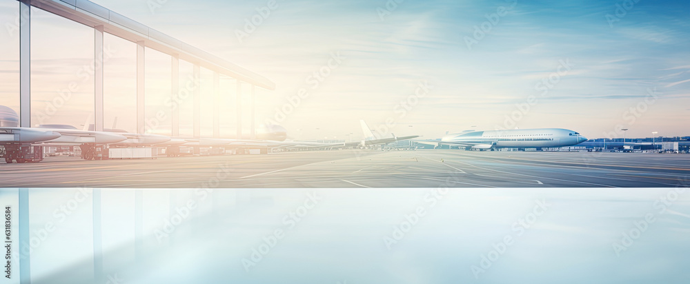 the empty table white top with blur background of air port, Advertisement, Print media, Illustration, Banner, for website, copy space, for word, template, presentation