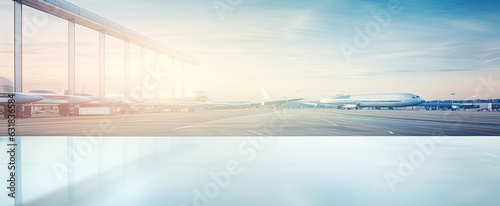 the empty table white top with blur background of air port, Advertisement, Print media, Illustration, Banner, for website, copy space, for word, template, presentation