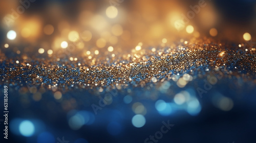 glitter vintage lights background. gold and blue. de-focused