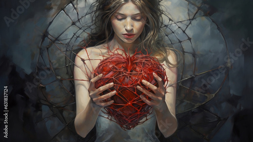 Woman hiding her heart for protection. Fear of losing yourself in relationship concept. Metaphoric art