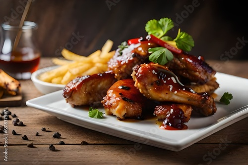 Fried chicken wings with bbq sauce and french fries on artificial intelligence neutral background