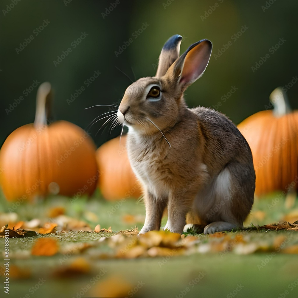 Obraz premium Halloween holiday,cute bunny, rabbit, and pumpkin on a neutral background created by artificial intelligence on a neutral background generated by AI