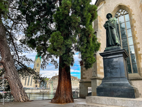 Ulrich Zwingli monument near the Water church in Zurich photo