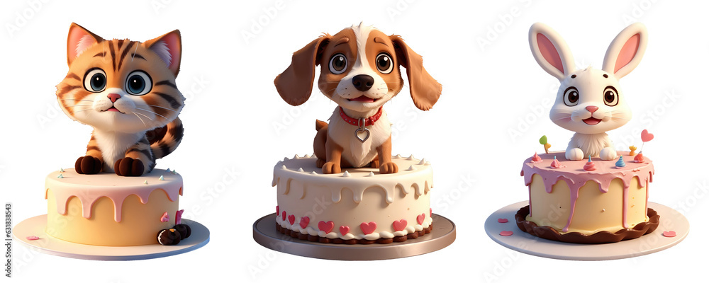 Adorable baby dog, cat, rabbit birthday celebration with cakes  isolated on transparent background, 3d illustration. Generative AI