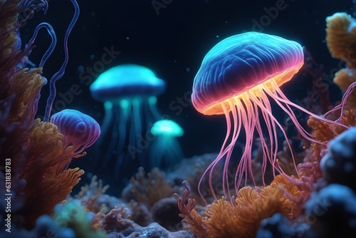 abstract coral reef. "Immerse in the wonders of bioluminescence. Captivating image of glowing plankton and deep-sea creatures, evoking awe and mystery in the ocean's depths. 