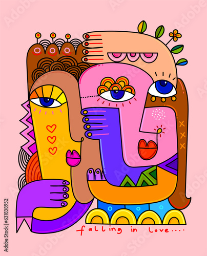 Decorative abstract face, couple of person figure hand drawn vector illustration, Line art, cubism, shape colorful art design.