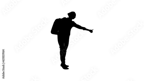 woman tourist hitchhiking along a road