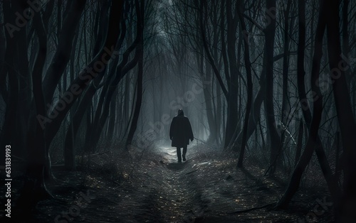 Dark forest with spooky man walking on a path. AI, Generative AI