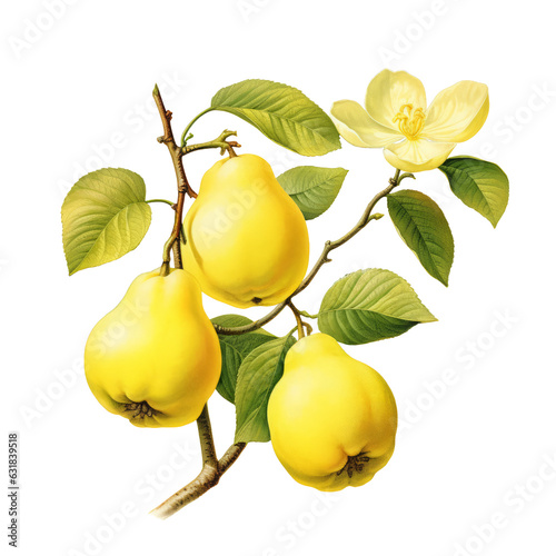 Tableau sur toile Botanical illustration of quince fruit on a branch, PNG