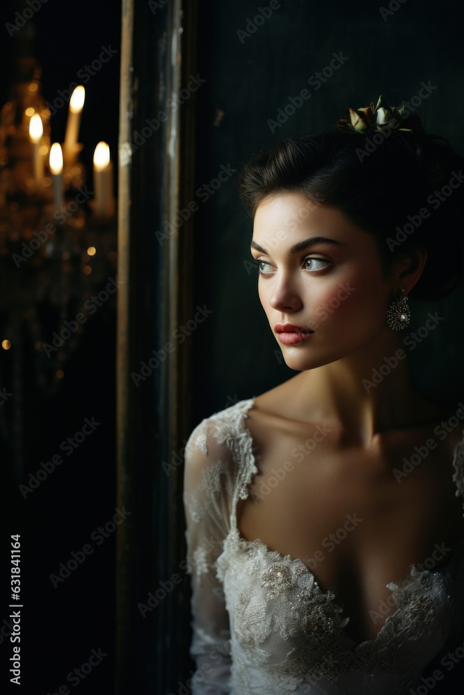 Fototapeta premium portrait of a woman/model/bride in a wedding dress engagement fashion/beauty editorial magazine style film photography look in front of a dark elegant background - generative ai art