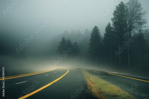 View empty foggy misty rainy highway road. Low poor visibility. Twilight.
