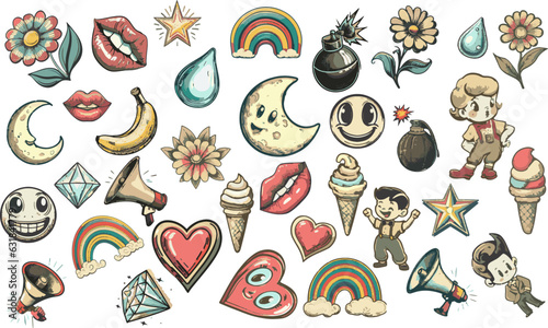 Set of 70s groovy element vector. Collection of cartoon characters  doodle smile face  heart  diamond  megaphone  hand  rainbow  star  word. Cute retro groovy hippie design for decorative  sticker. 