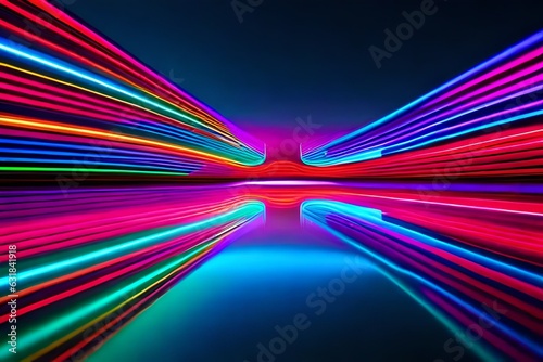 Abstract neon light fluorescent Neon Lights glow ,Reflection on water, exhibition background 3D illustration.AI generated