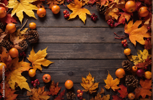 Autumn Leaves Frame on Wooden Background, Autumnal Wallpaper for Write, Generative Ai Tools