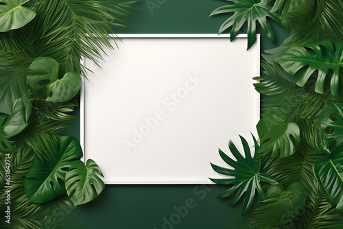 Blank paper over exotic tropical green plants. Greetang card  advertising 