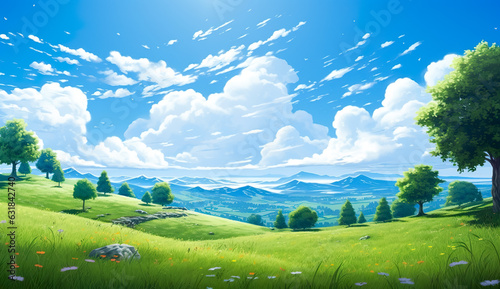 Field of green fresh grass under blue sky