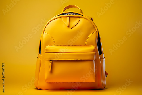 Yellow Casual Backpack on yellow Background. Travel Daypack with Zippered Compartment.