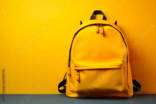 Yellow Casual Backpack on yellow Background. Travel Daypack with Zippered Compartment.