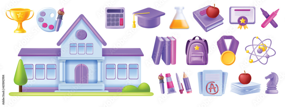 3D back to school vector icon set, education graduate object kit, student backpack study book. College diploma, building, paper document, golden cup, science vial, palette brush. Knowledge school icon