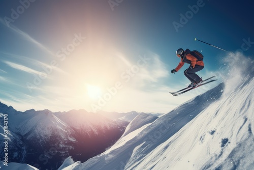 Jumping skier skiing. Extreme winter sports on mountain, AI generated