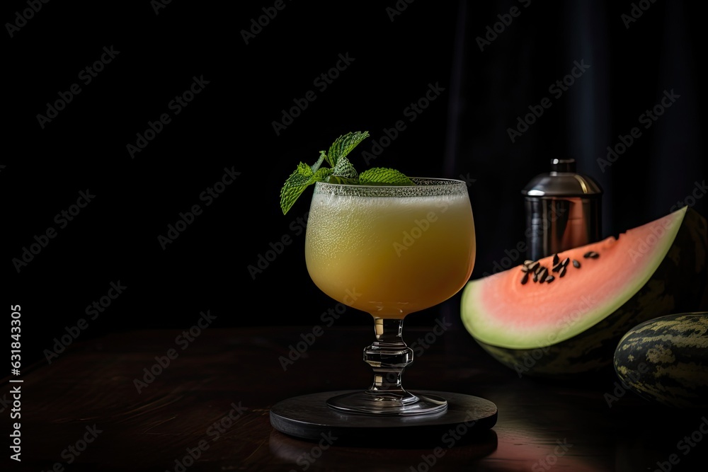 Fototapeta premium Tropical Melon Margarita: A refreshing summer cocktail. A vibrant blend of sweet melon and zesty lime, served in a chilled glass.