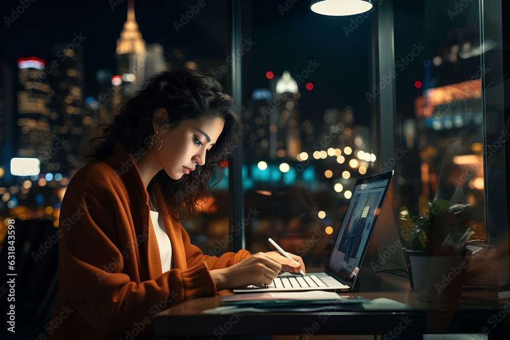 Female Asian entrepreneur using a laptop in her office at night. night view background of the colorful city of the metropolitan city through a large glass window. generative AI Female Asian entrepreneur using a laptop in her office at night. night view background of the colorful city of the metropolitan city through a large glass window. generative AI