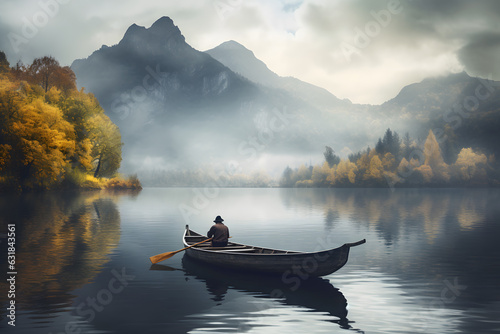 Person is riding a boat in the mist on the lake