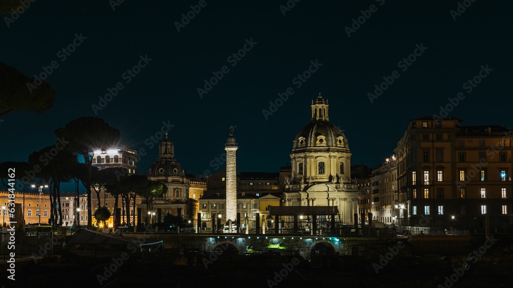 Beautiful shot of the Trajan's Column in Rome at night