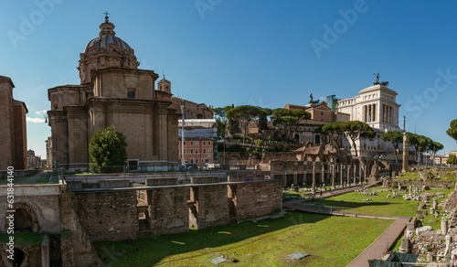 Aerial view of Forum of Caesar ruins in Italy