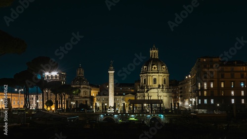 Beautiful shot of the Trajan's Column in Rome at night