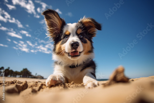 Digital 3d modern picture detailed photo of little dog sitting on the sand beach looking camera created by generative ai technology © Tetiana