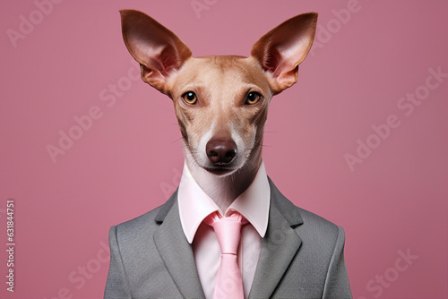 Surreal futuristic absurd picture of elegant man with dog head dressed formal clothes isolated on pink color background generative ai © Tetiana