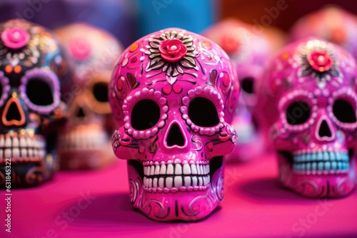 painted group of skulls on blurred pink background, dia de los muertos, all saints day, generative AI