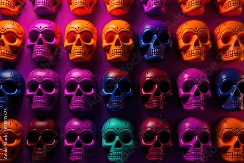 painted group of skulls on dark purple background, dia de los muertos, all saints day, generative ai