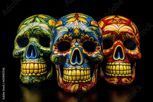 painted group of skulls on dark black background  dia de los muertos  all saints day  generative AI