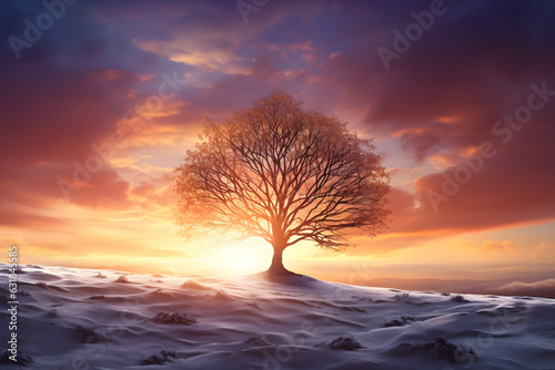 Beautiful winter landscape single tree during sunset in snow 