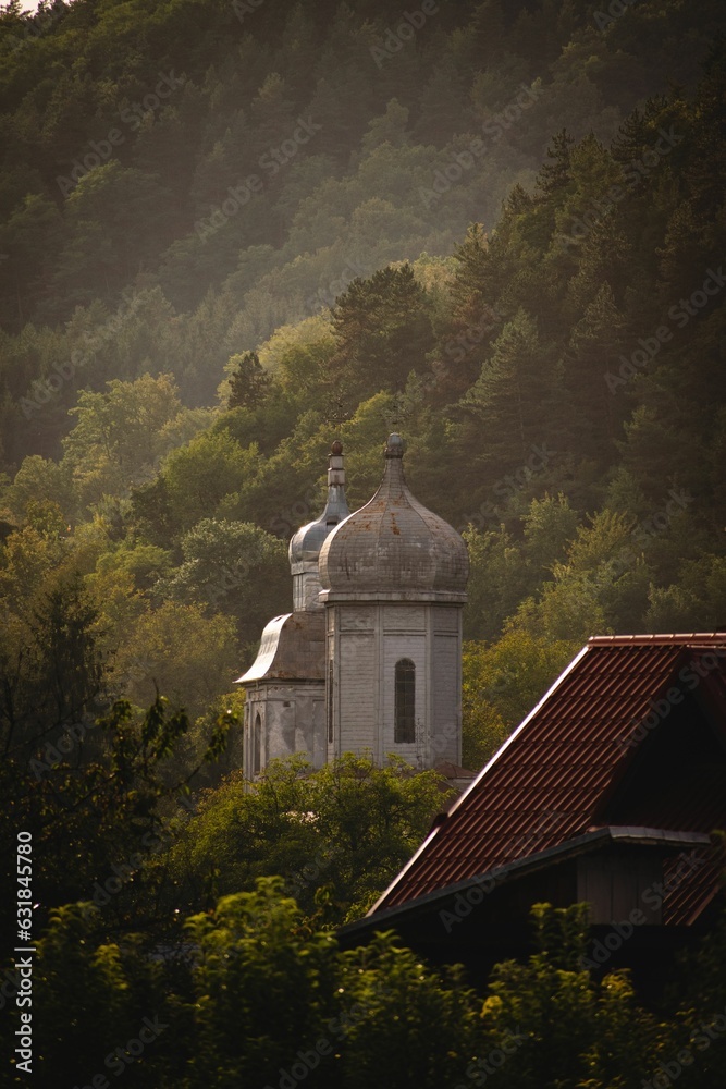 Vertical shot of an old church on a hill surrounded by trees.