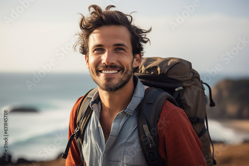 Generative AI portrait of handsome guy traveler surfer in touristic clothing enjoying ocean sea waves swimming time © deagreez