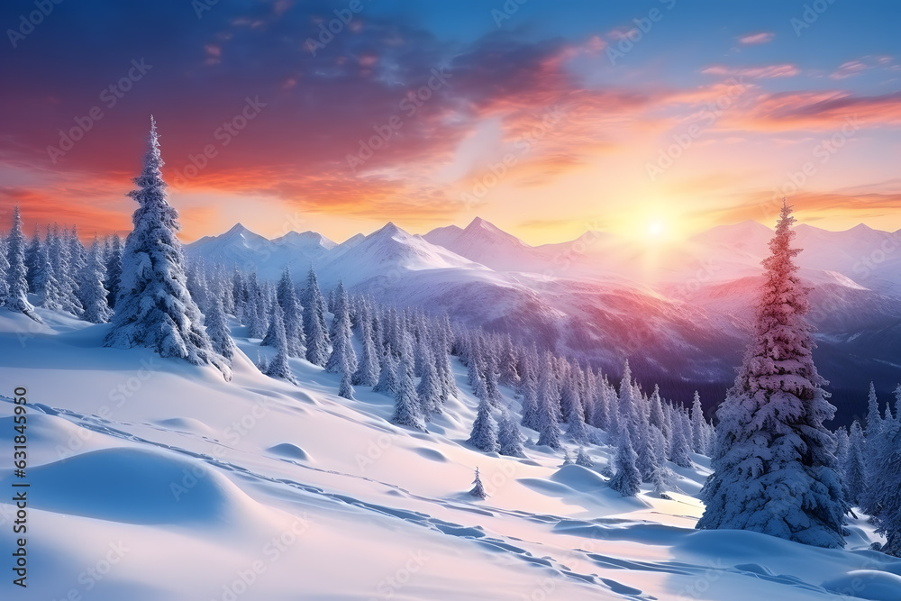 Beautiful winter landscape sunrise. Snow covered mountains with pine trees Beautiful winter landscape sunrise. Snow covered mountains with pine trees