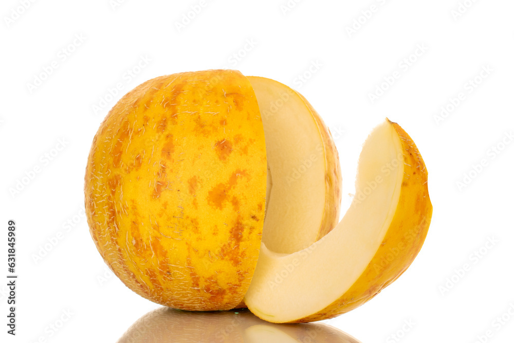 One sliced yellow melon, macro, isolated on white background.