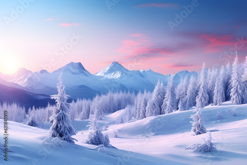 Beautiful winter landscape sunrise. Snow covered mountains with pine trees 