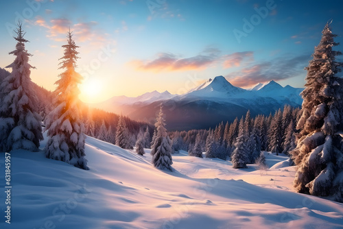 Beautiful winter landscape sunrise. Snow covered mountains with pine trees 
