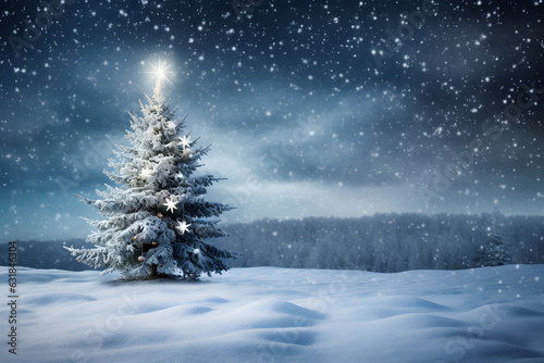 Snow scenery of winter wonderland with shining christmas tree © Oksana